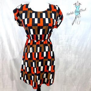 Orange navy and brown geometric print dress size small